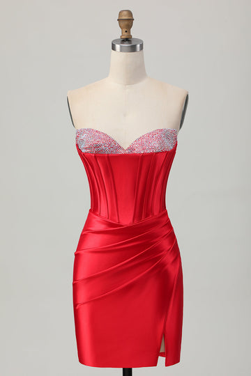 Red Bodycon Strapless Beaded Corset Cocktail Dress with Slit